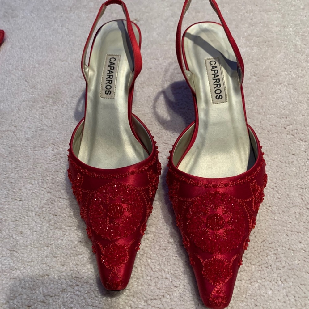 Red Sequined women’s formal slides. Size 8